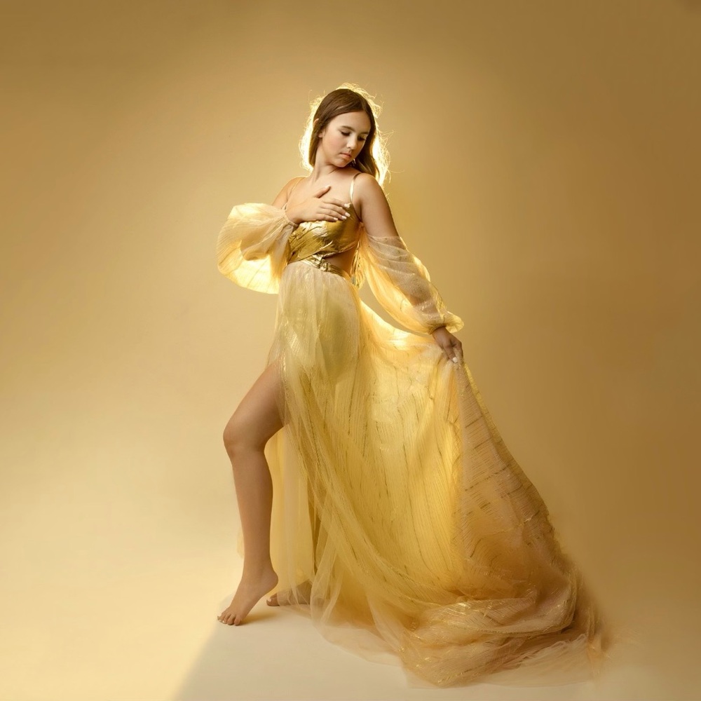 Before & Ever | Golden Hour | Elegant Gold Metallic Maxi Maternity Dress